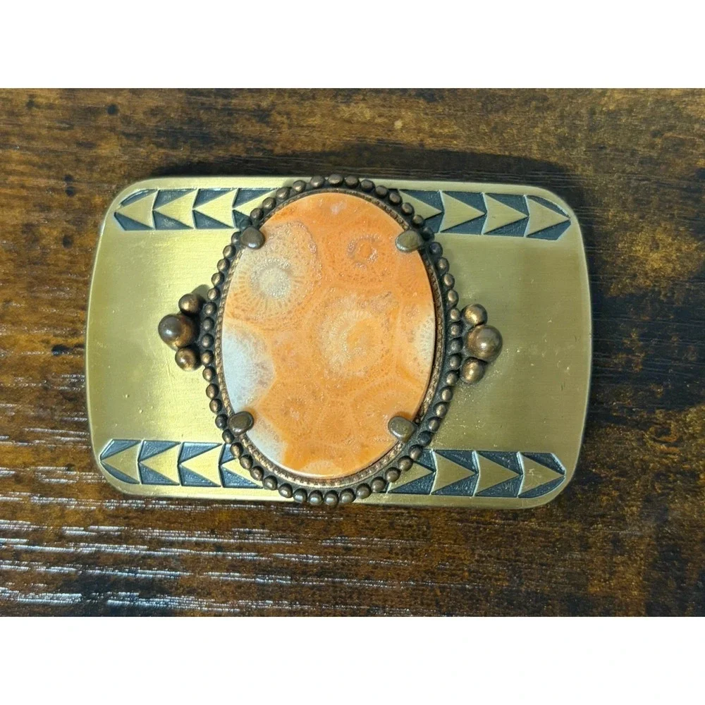 Petoskey Stone‎ Fossil Coral Brass Belt Buckle Chevron Arrow Southwest Inlay